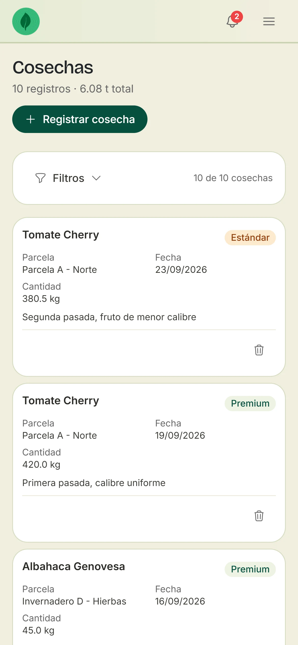 Cosechas en el móvil: Tomate Cherry, Parcela A – Norte, 23/09/2026, 380,5 kg, calidad Estándar, resaltada