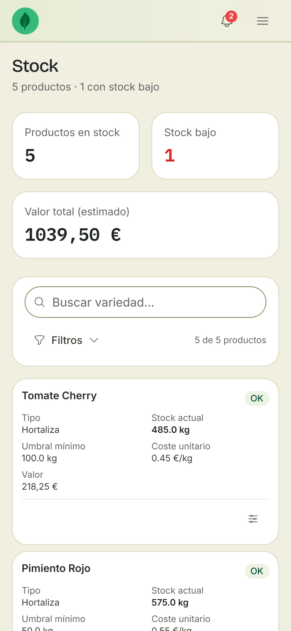 Stock en el móvil: cinco productos, uno por debajo de su mínimo, y el valor total del inventario