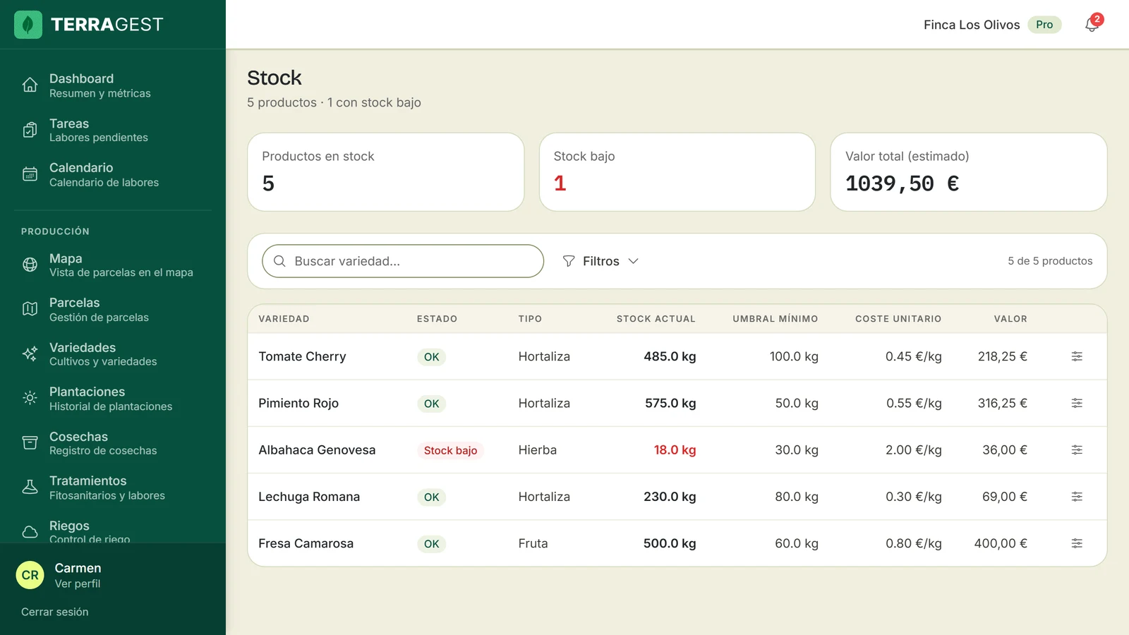 Inventario de stock por variedad con la cantidad disponible, el aviso de stock mínimo y los últimos movimientos de entrada y salida