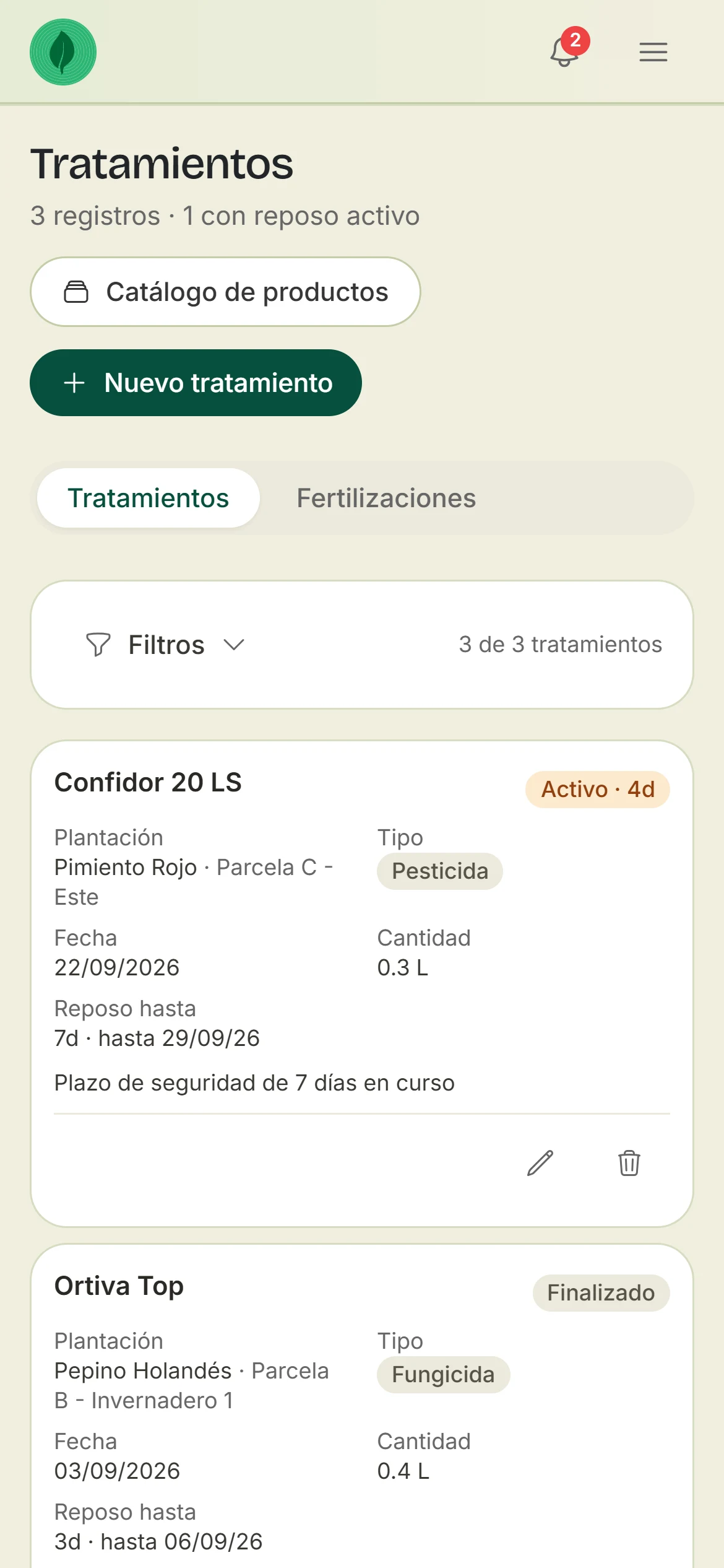 Tratamientos en el móvil: Confidor 20 LS en la Parcela C, con un plazo de seguridad de 7 días en curso